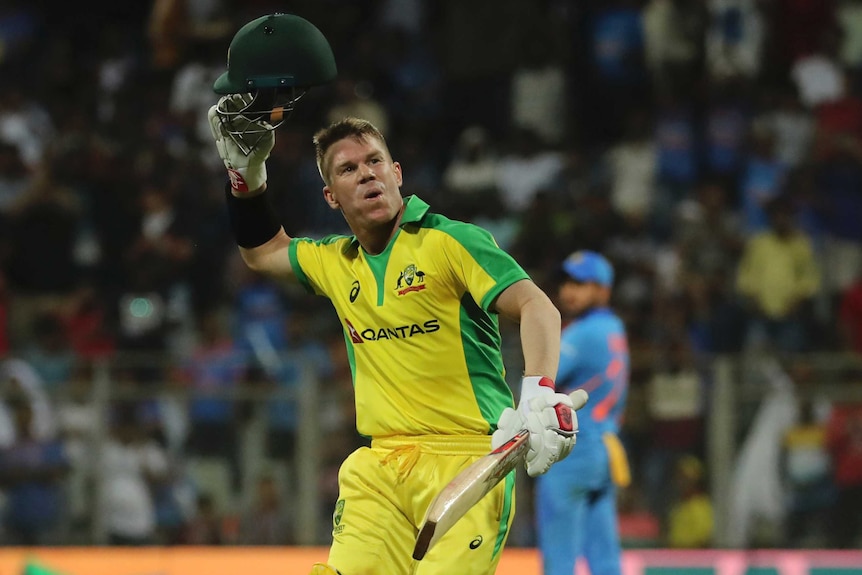 David Warner holds his helmet in his right hand and looks to swing it up in the air