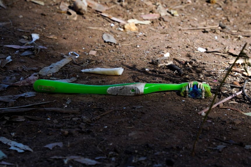 A toothbrush on the ground, surrounded by dried leaves and twigs