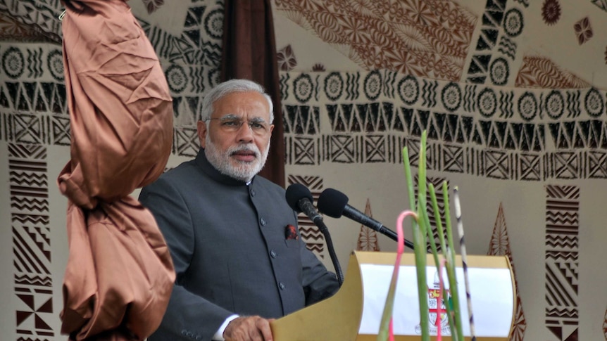 Indian PM Narendra Modi speaks in Fiji