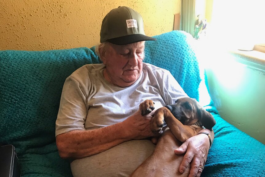 A man holds a dog on his lap.