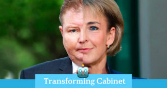 Half of Craig Laundy's head next to half of Michaelia Cash's head with a "Tranforming Cabinet" strap along the bottom.