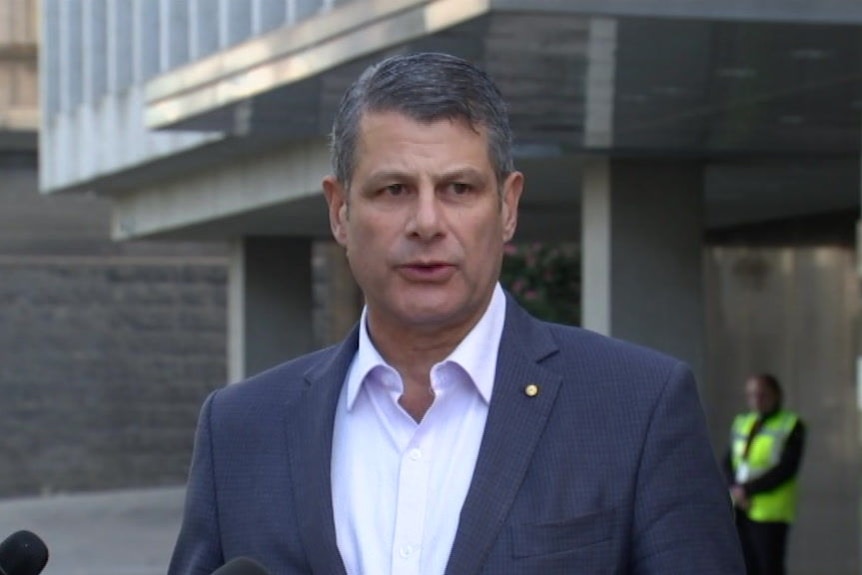 Steve Bracks, wearing a blue jacket, speaks to media near Parliament.