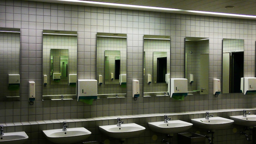 Row of sinks in public bathroom with soap and paper towel dispensers