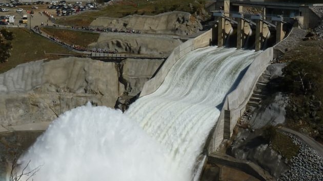 Jindabyne Dam spillway gates and cone valves open during the major flows.