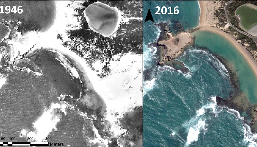 Two images side by side. On the left is the bay in 1946 and on the right is 2016, showing the different size of the bay