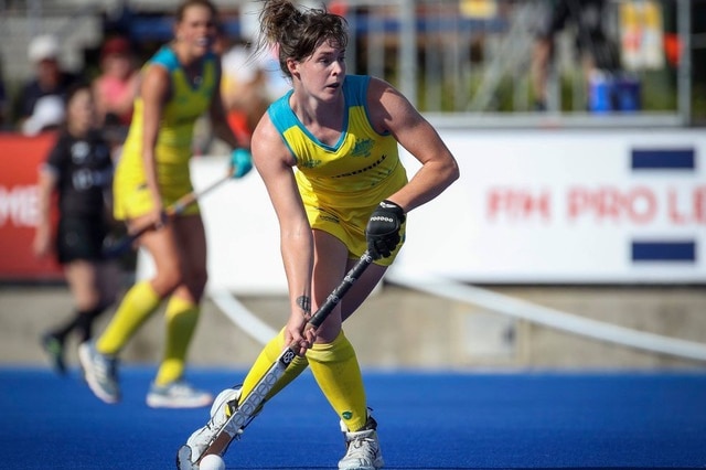 Lily Brazel with the ball on her hockey stick for the Hockeyroos.