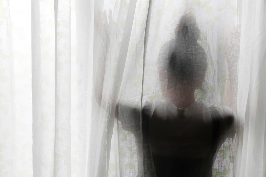 A woman stands behind a semi-transparent curtain.