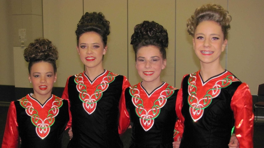 Irish dancers posing for a photograph at the Australian championships