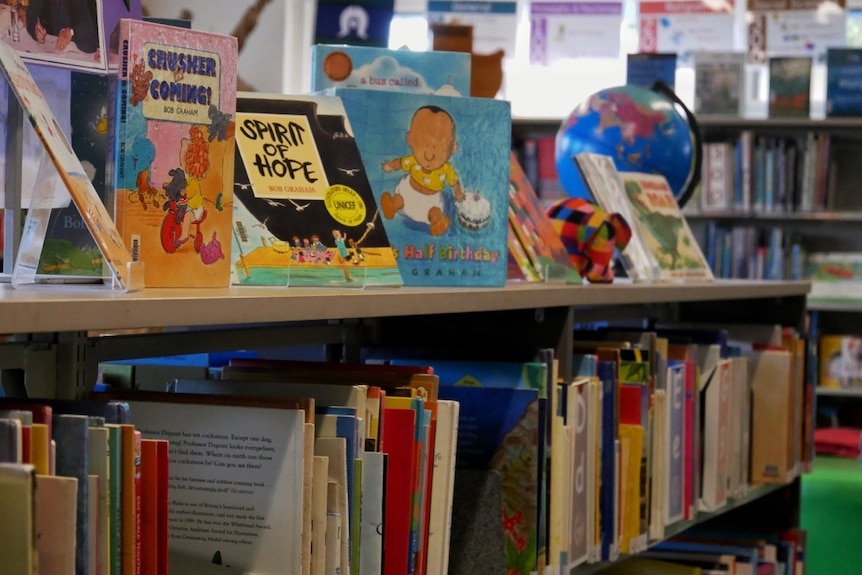 A close-up shot of a library shelf stacked with books.