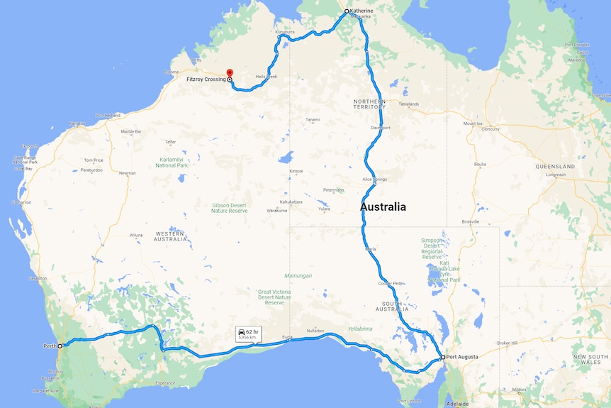 A screengrab of Google Maps showing the long route from Perth, to Port Augusta, to Katherine, to Fitzroy Crossing