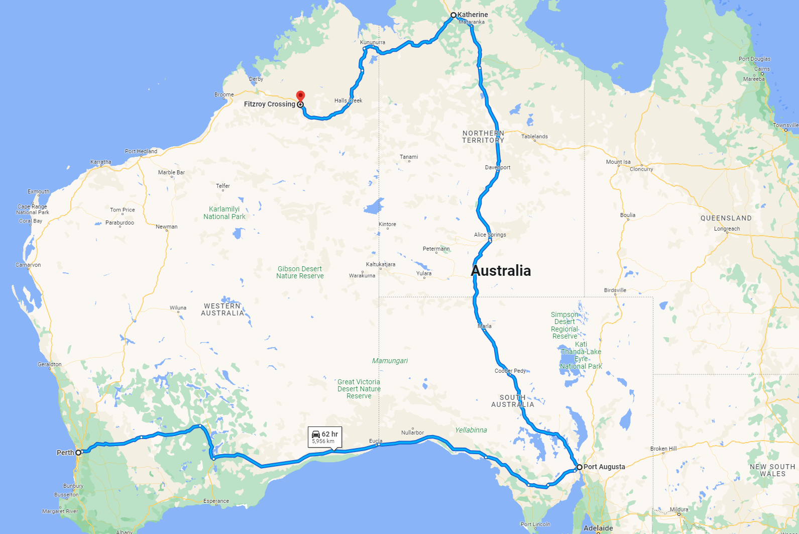 A screenshot from Google Maps showing the long drive from Perth, to Port Augusta, to Katherine, to Fitzroy Crossing