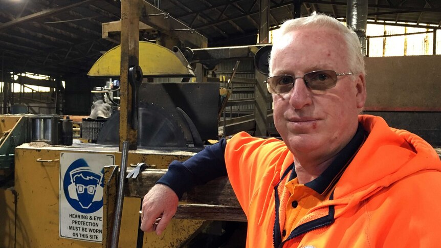 Craig Humphrey standing inside the timber mill with his elbow on a sawing machine.