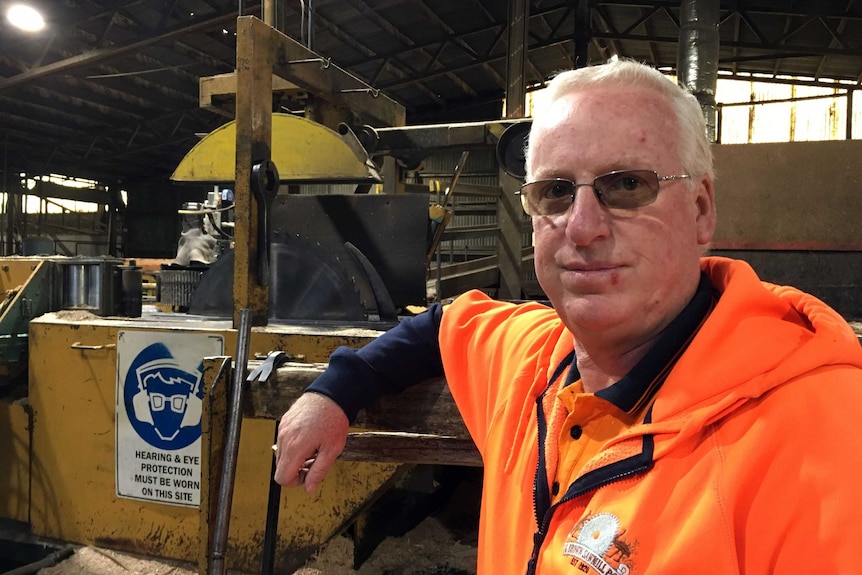 Craig Humphrey standing inside the timber mill with his elbow on a sawing machine.