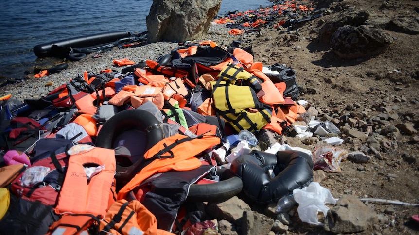 Beaches in Lesbos, Greece covered in life jackets and boats from asylum seekers September 12, 2015.jpg