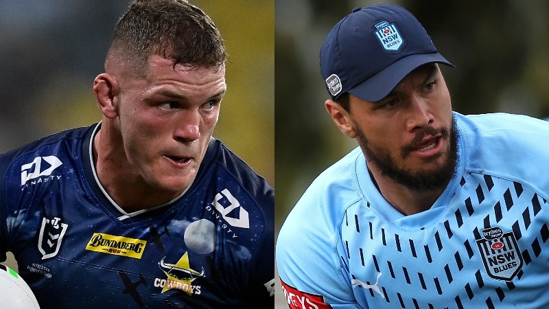 A composite image of Tom Gilbert playing for the Cowboys and Jordan McLean at Blues training