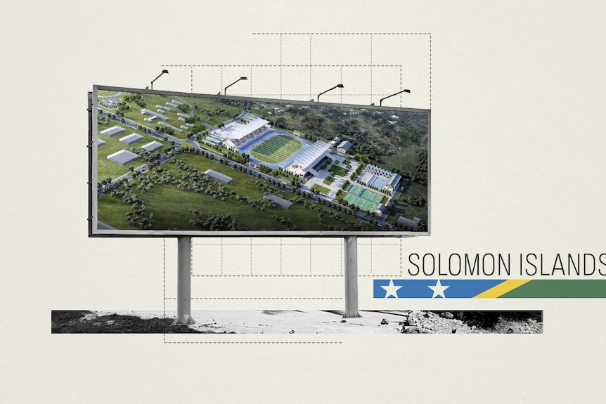 A graphic with a billboard of a stadium plan and part of the Solomon Islands flag