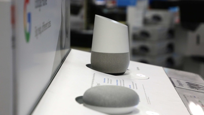 A Google Home and Google Home Mini device on a display stand in a shop with price tags on the side.