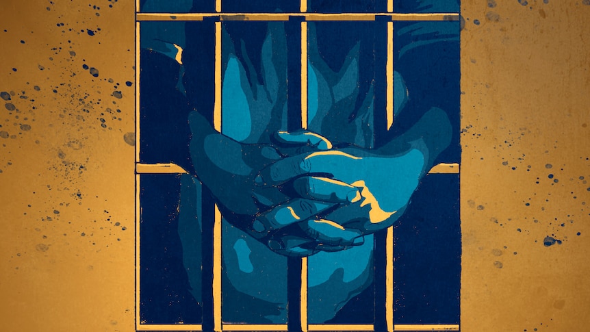 An illustration of two hands coming out from behind a barred window. 