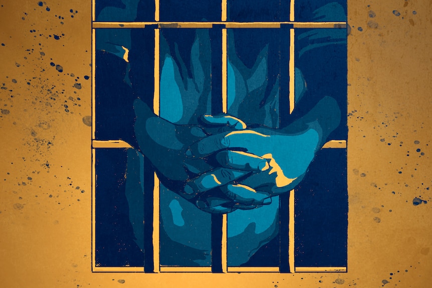 An illustration of two hands coming out from behind a barred window. 