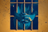 An illustration of two hands coming out from behind a barred window. 