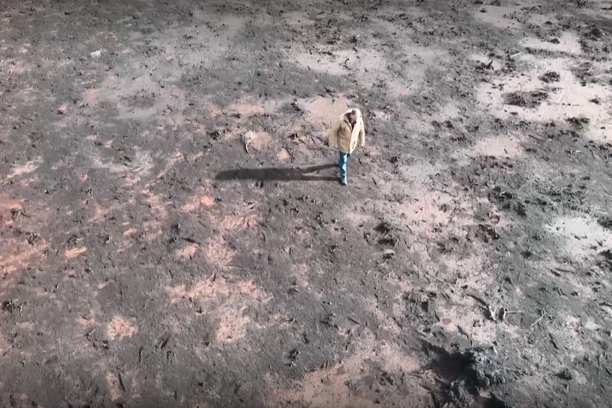 An aerial view of a man walking across a barren landscape.