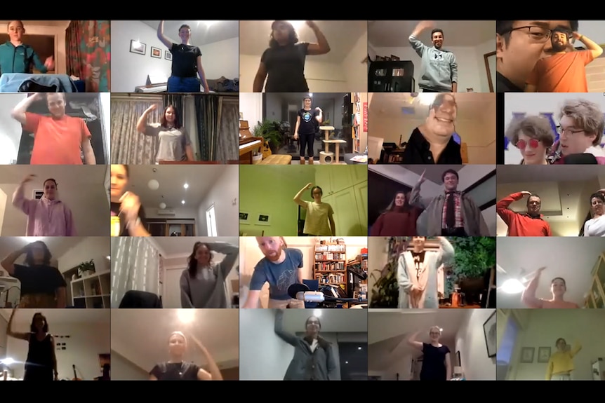 Screenshot of a videoconference with everyone doing dance moves.