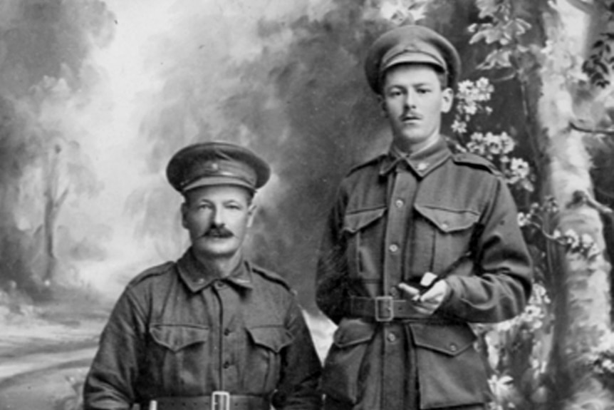 A black and white photograph of William Ransley and his son Francis Ransley in military uniform