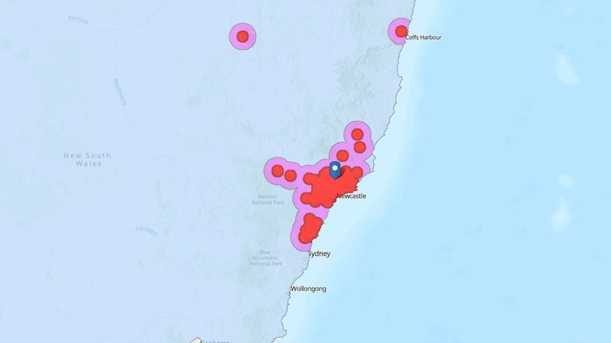 Map of NSW with red and purple zones indicating varroa mite outbreaks