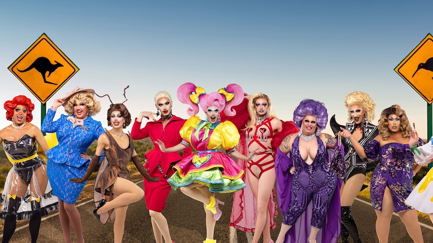 A group of colourful drag queens, the cast of RuPaul’s Drag Race Down Under