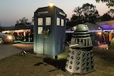 Doctor Who TARDIS and a Dalek as part of Christmas lights display in front yard of home at Ipswich, west of Brisbane.
