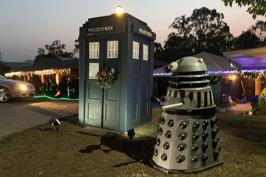 Doctor Who TARDIS and a Dalek as part of Christmas lights display in front yard of home at Ipswich, west of Brisbane.