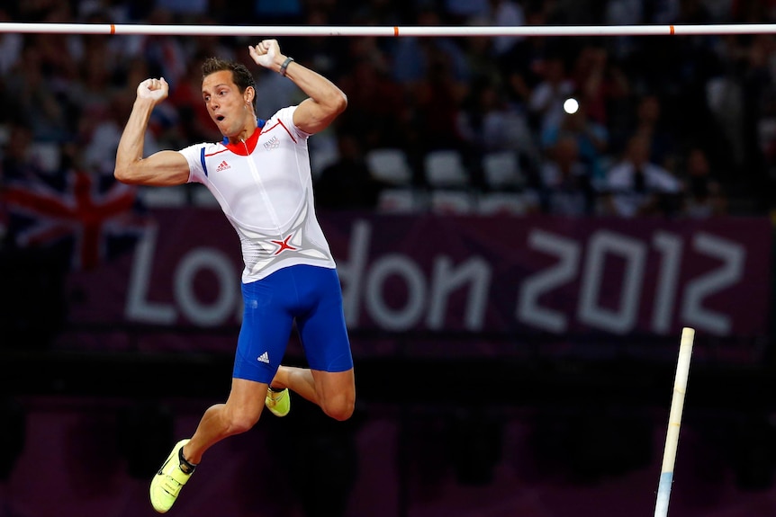 Gold medallist Renaud Lavillenie reacts after a successful attempt in the men's pole vault final.