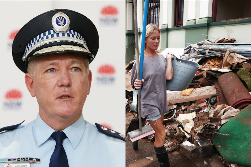 a police man and an image of a young woman carrying a bucket to clean
