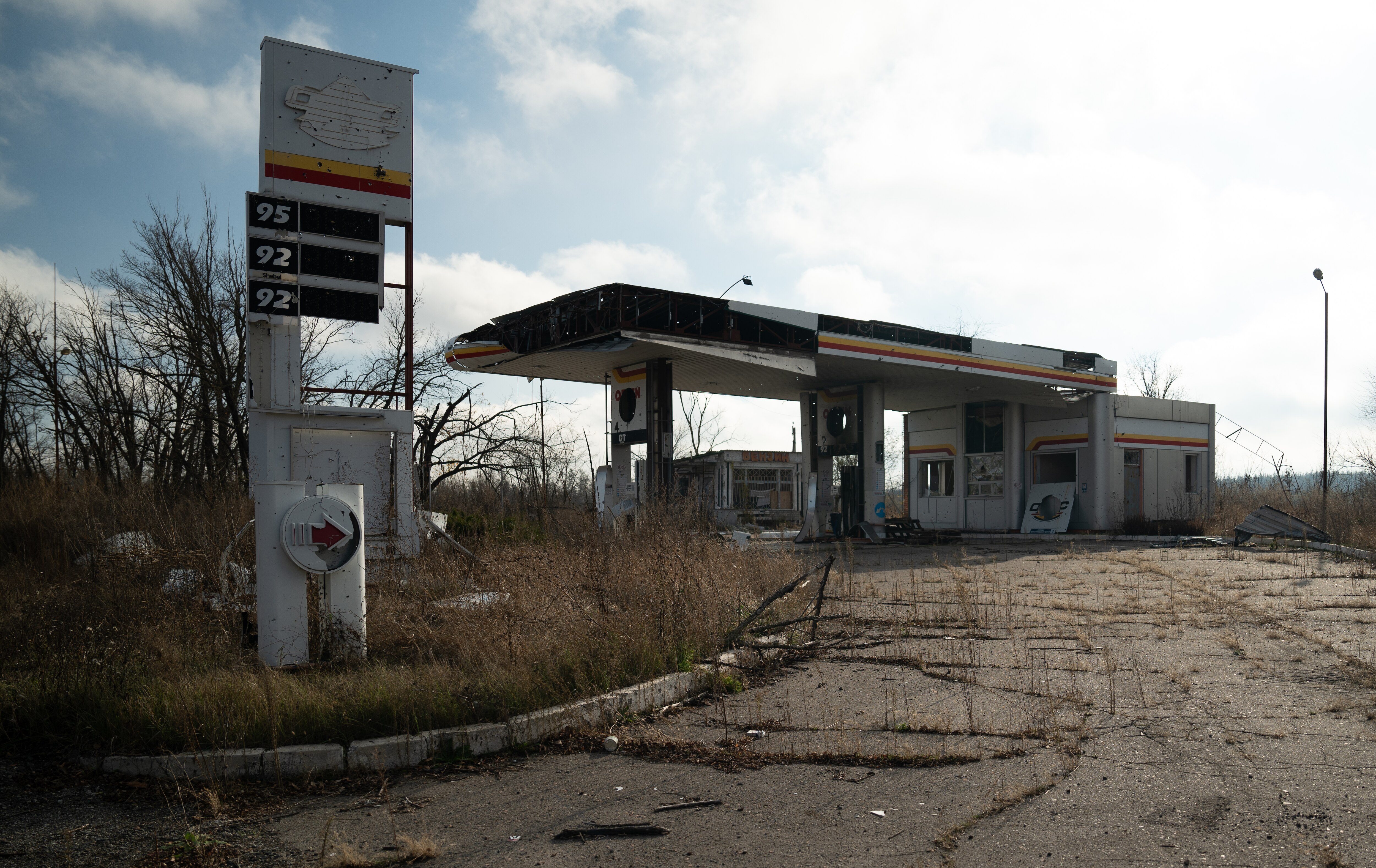Burnt out petrol station in Ukraine.