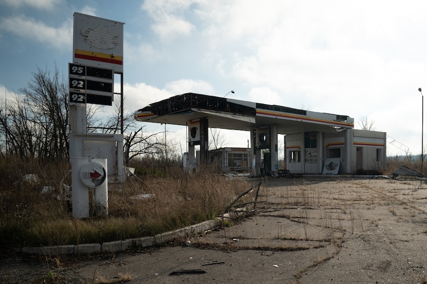 Burnt out petrol station in Ukraine.
