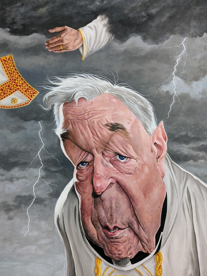 Pell looks down, a sky of lightning bolts behind him, a hand of God appearing from the clouds knocking off his cap.
