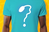 Man wearing a t-shirt with sperm shaped into a question mark for a story about what it's like choosing a sperm donor.