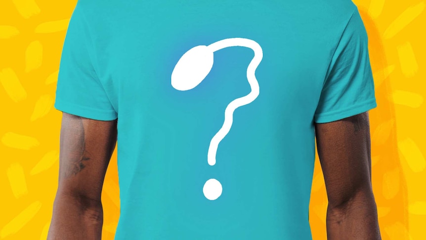 Man wearing a t-shirt with sperm shaped into a question mark for a story about what it's like choosing a sperm donor.