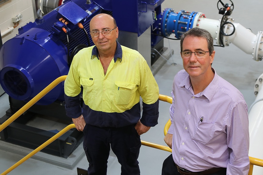 Russell Ratcliffe and Hal Morris inside the Gold Coast Sand Bypass System pump room