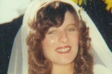 A grainy image of a smiling Linda Reed in a wedding veil.