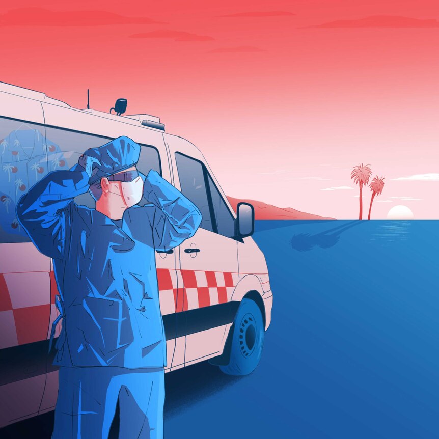 An illustration of a paramedic standing by an ambulance.