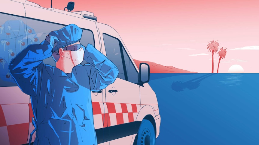An illustration in blue and red, depicting a paramedic in protective gear next to an ambulance, staring into the sunset.