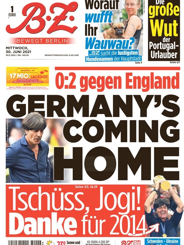 Image of the front page of a German newspaper with headline '0:2 against England: Germany's coming home'. 