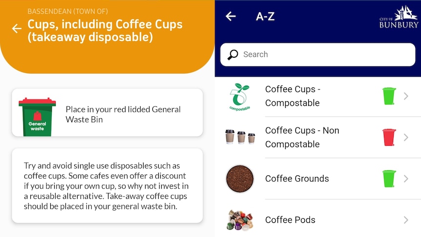 Two screenshots of recycling apps one showing that the city of bunbury accepts compostable cups on the right 