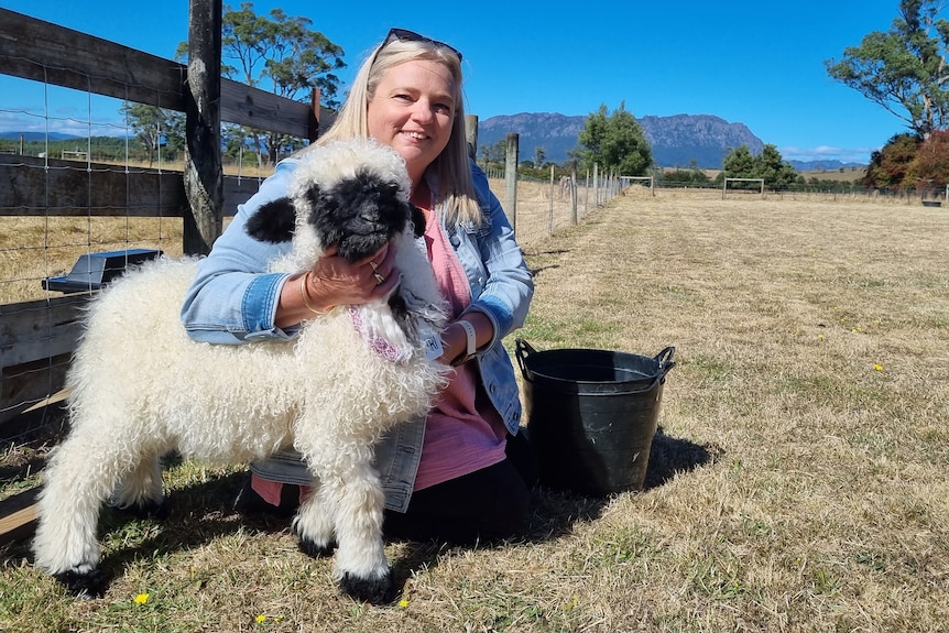 Blonde woman holds little black and white sheep with mountain in distance.