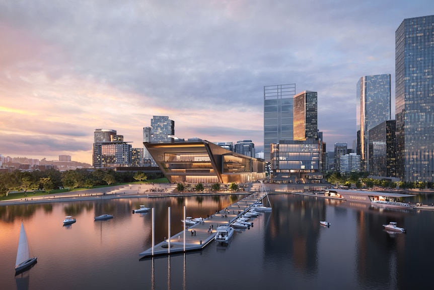 An artist's impression showing a newly designed Perth convention centre at sunset
