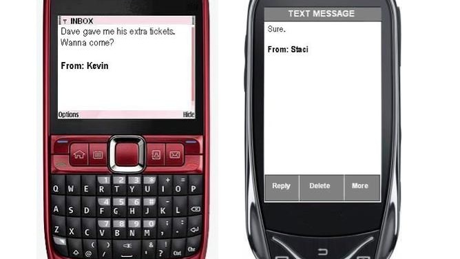 A short SMS conversation shown on two mobile phone screens.
