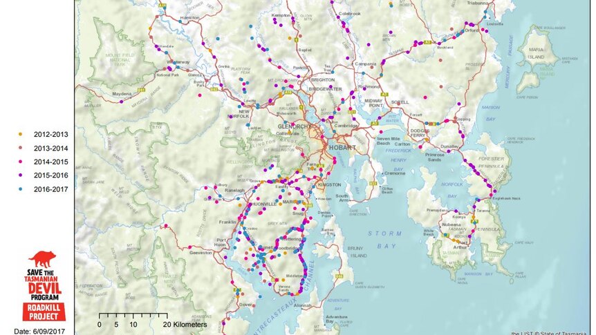 Map of Tasmania with coloured lines and dots showing where Tasmanian devils have been killed on roads