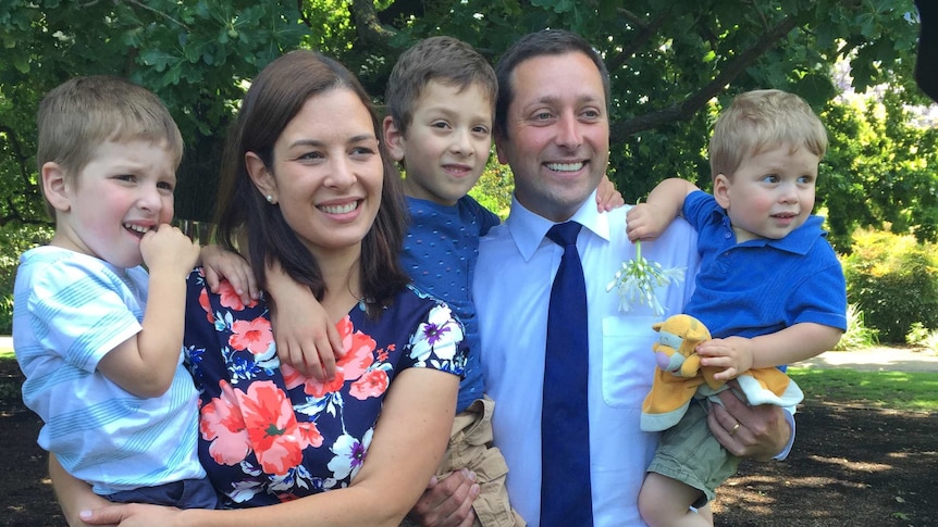 Matthew Guy with his wife Renae and three sons after been named leader of the Victorian Liberal party.