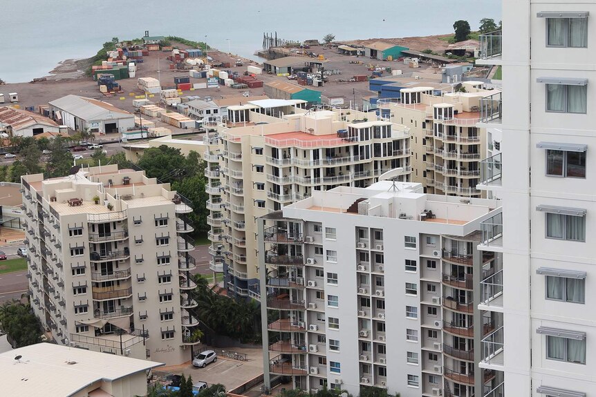A high-angle look at a group of apartments in Darwin's central business district.